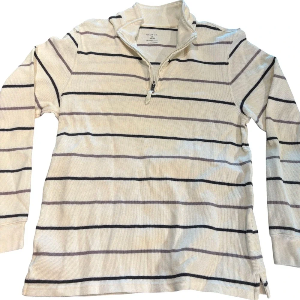 George Mens Quarter‎ Zip Ribbed Pullover Sweater Cream Striped GM41069S Size M